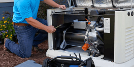 A home standby generator with the front panel open