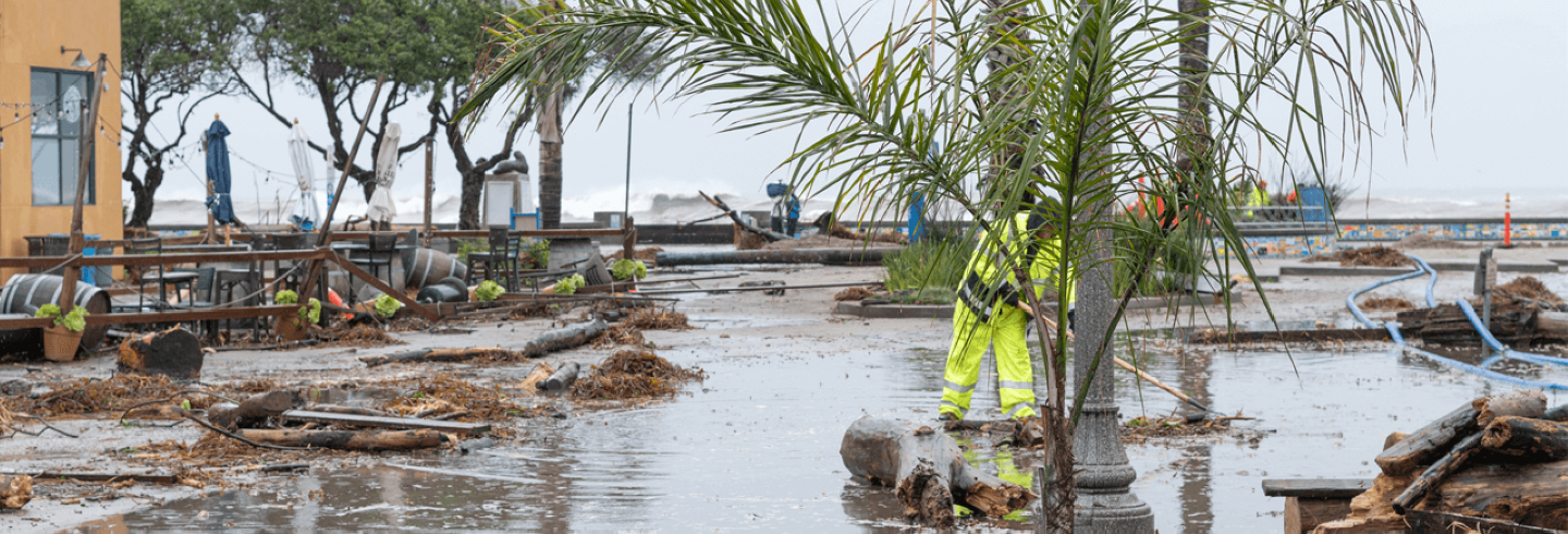 Damage from a hurricane and relief efforts