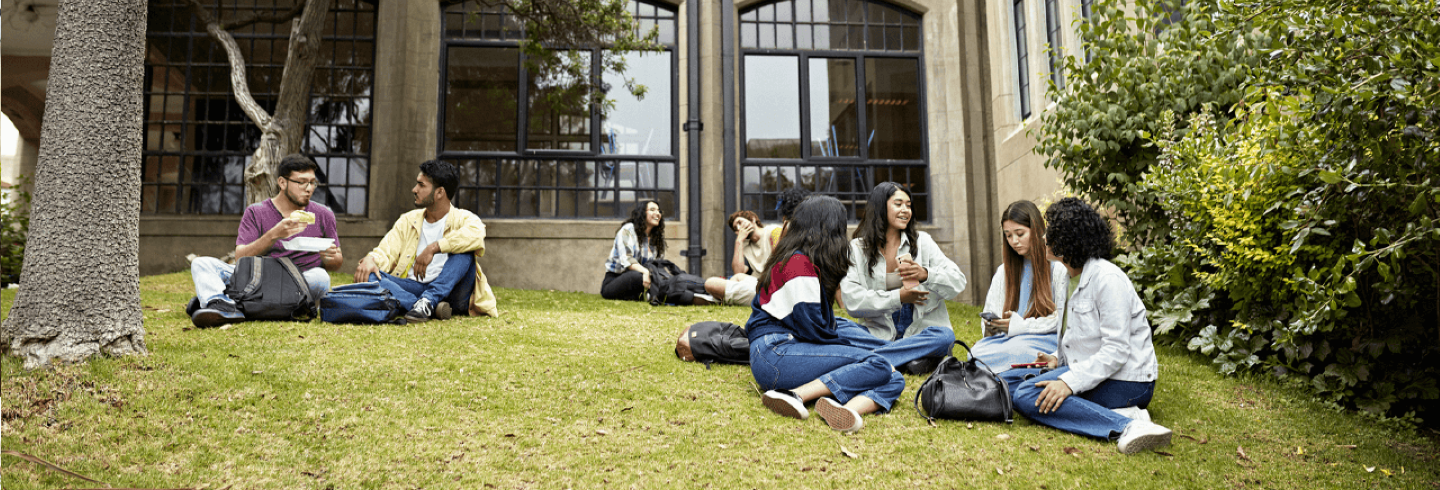 Young adults sitting outside on the lawn together socializing.